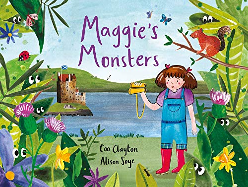 Children's book cover featuring a girl with binoculars in a nature scene with monsters.
