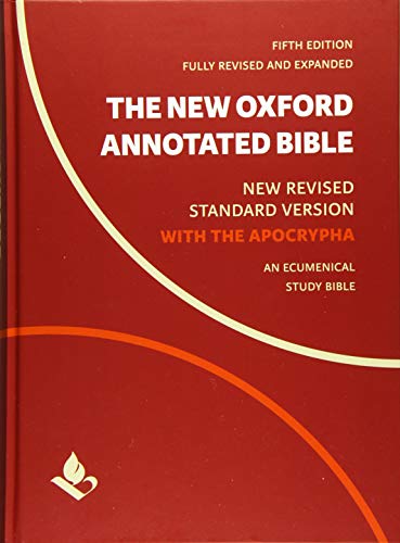 The red cover of The New Oxford Annotated Bible with white and orange text.