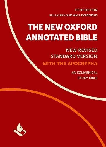 Red book cover with white and orange text titled The New Oxford Annotated Bible.