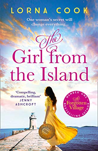 Book cover: woman in yellow dress facing lighthouse at sunset.