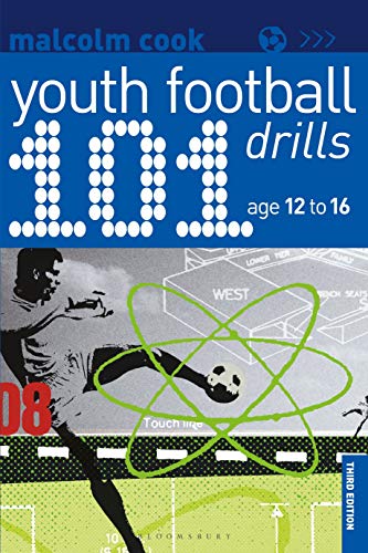 Book cover for 101 Youth Football Drills featuring a soccer player kicking a ball.