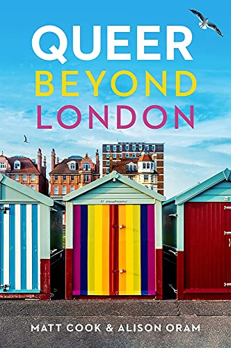 Book cover: "Queer Beyond London" with beach huts and city skyline.