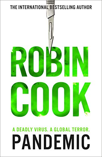 Book cover for "Pandemic" by Robin Cook with a scalpel image.