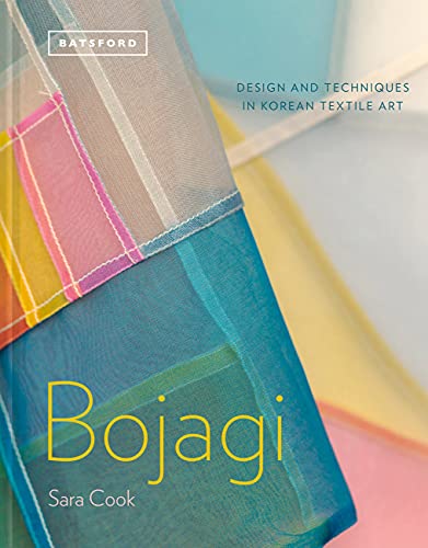 Book cover featuring colorful, layered Korean textile art, “Bojagi”.