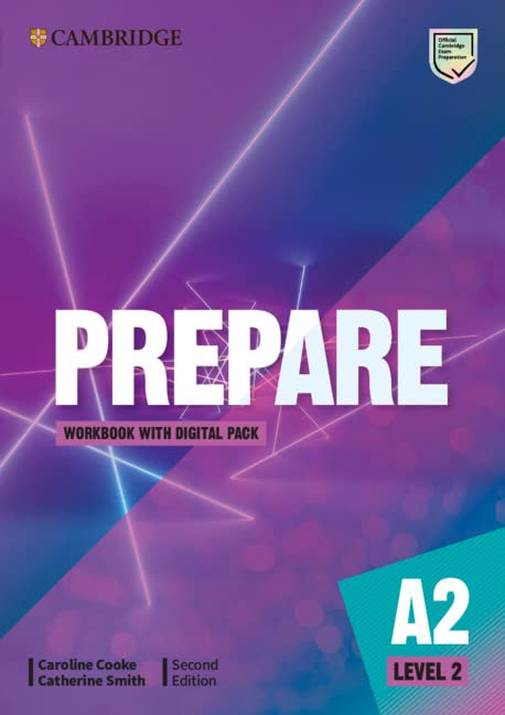Cambridge English Prepare Level 2 Workbook cover with purple and white design.
