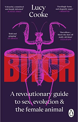 Book cover: pink praying mantis illustration over purple and red text.