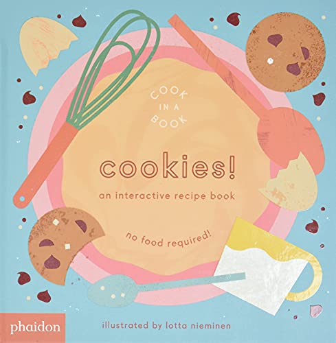 Book cover with illustrated cookies, whisk, and rolling pin on pink.
