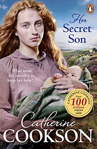 Book cover: woman holding baby, rural landscape background, title "Her Secret Son".