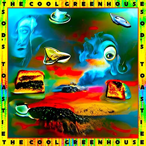 Surreal album cover with floating faces, toast, and shoes in vibrant colors.