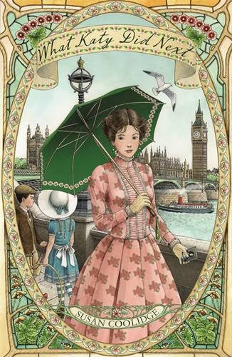 Book cover: woman with umbrella, London cityscape, floral patterned dress.