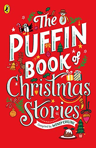 Red book cover with festive illustrations and the title “The Puffin Book of Christmas Stories.”