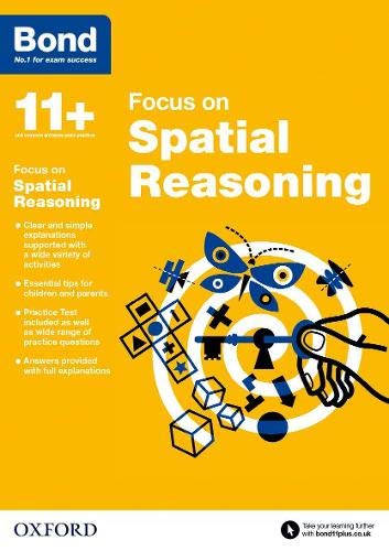 Yellow book cover with "Bond 11+ Focus on Spatial Reasoning" text and geometric shapes.