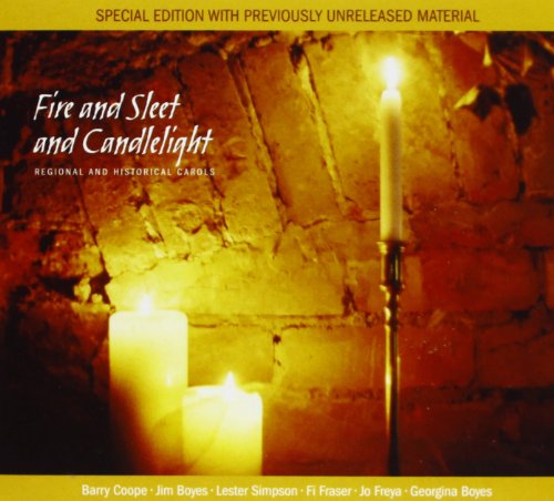 "CD cover with three lit candles against a stone wall, yellow background."