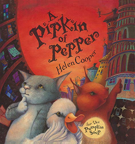 Book cover featuring a cat, duck, and squirrel in a townscape.