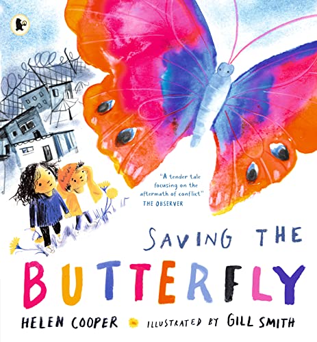 Book cover: child and dog with a large, colorful butterfly.