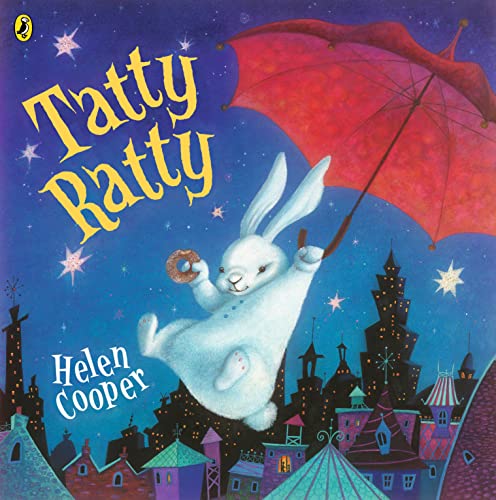 A white rabbit holding a red umbrella flies over a city at night.