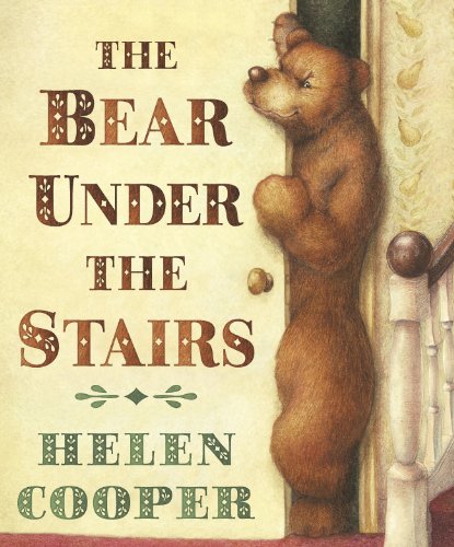 Brown bear peeking from under stairs, book cover illustration.