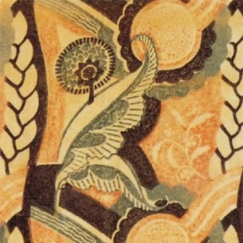 Abstract illustration of a stylized house with floral and wheat motifs.