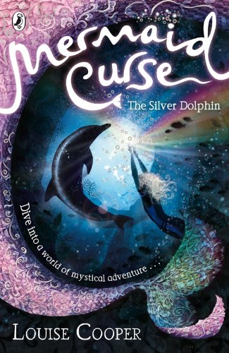 Book cover: “Mermaid Curse” with dolphins leaping from a blue ocean.
