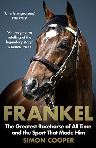 Close-up of a brown racehorse with tack, book cover for "Frankel.