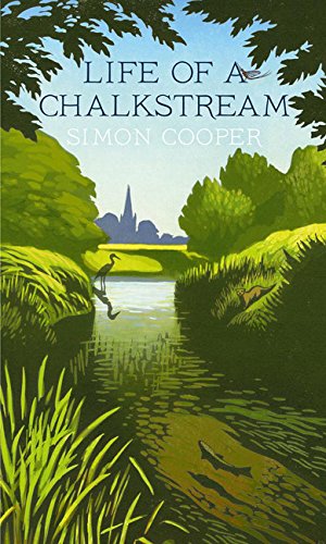 Book cover illustration of a chalkstream with a heron, fish, and distant church spire.