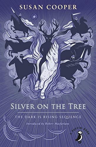 Book cover: white stag surrounded by dark riders within swirling branches.
