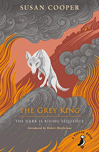 Book cover: white wolf descends a grey hill amidst swirling smoke and flames.