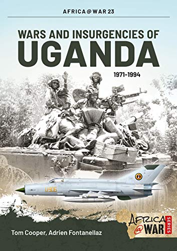 Book cover depicting Ugandan soldiers and military vehicles, 1971-1994.