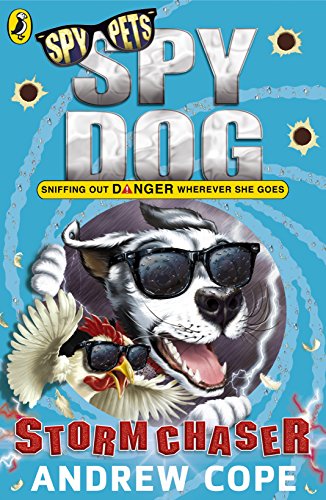 Book cover: a dog wearing sunglasses with a chicken and storm clouds.