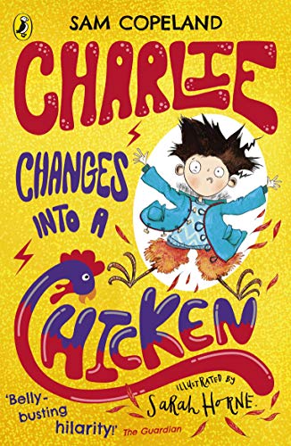 Book cover: boy transforming into a chicken with bright, colorful illustration.