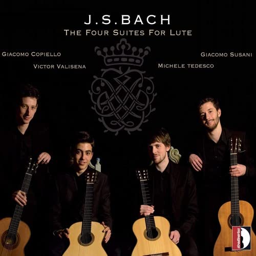 Four musicians with lutes, dark background, ornate design, album cover.