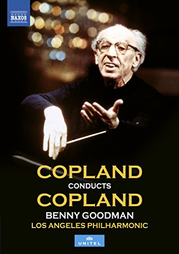 Aaron Copland conducting orchestra, DVD cover with text "Copland Conducts Copland".
