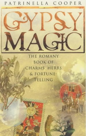 Book cover with title "Gypsy Magic," herbs, a wagon, and sun design.