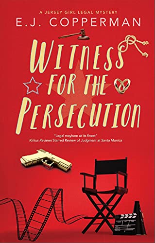 Book cover: red background with title, gavel, gun, chair, and film reel.