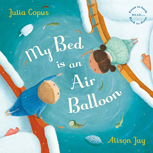 Child floats upwards on a colorful hot air balloon bed.