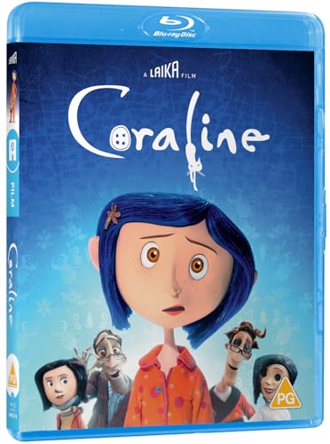 Coraline Blu-ray cover featuring Coraline and other characters against a blue background.