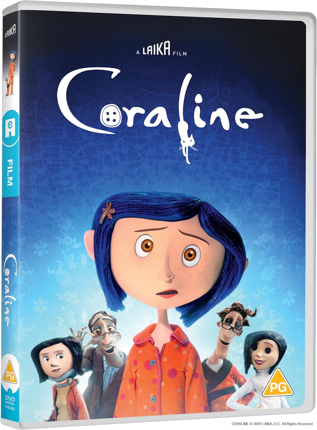 Coraline DVD cover featuring the main character and other figures.