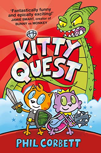 Book cover featuring two cartoon cats with weapons and a large green dragon.