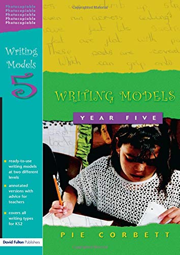 Book cover: "Writing Models Year 5" with a girl writing at a desk.