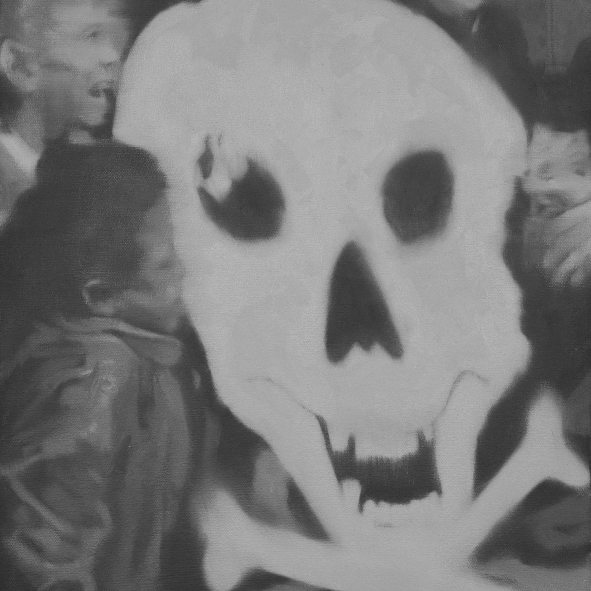 Black and white painting of a large skull surrounded by blurred faces of children.