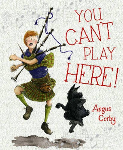 A boy in a kilt plays bagpipes while a black dog dances beside him.
