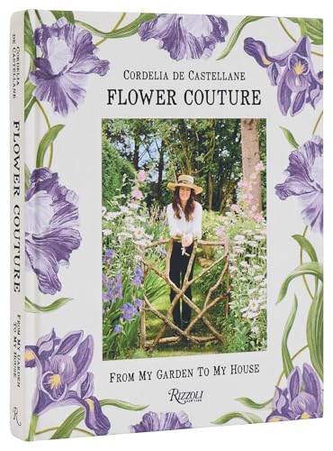 Book cover featuring purple irises and a woman in a flower garden.
