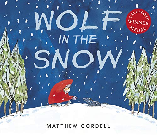 Book cover: wolf, child in red, and snowy forest scene.