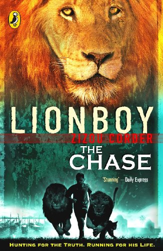 Book cover: Lionboy with a boy running from lions.