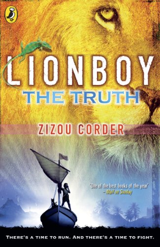 Book cover: Lionboy, a lion’s face, a small boat, and a lizard.