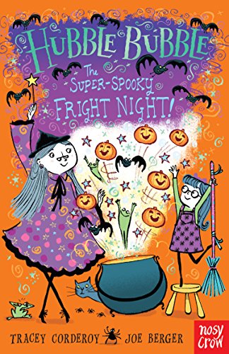 Book cover: two girls and a witch with pumpkins, bats, and a cauldron.
