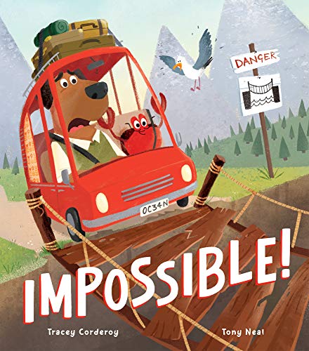 A dog and crab drive a red car across a broken wooden bridge.