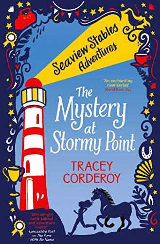 Book cover: lighthouse, child, horse, and text “The Mystery at Stormy Point.”