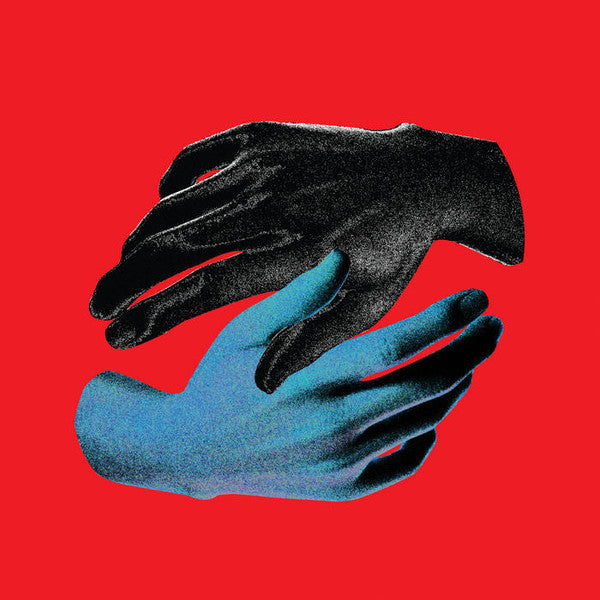 Red background with overlapping, textured hands in blue and black.