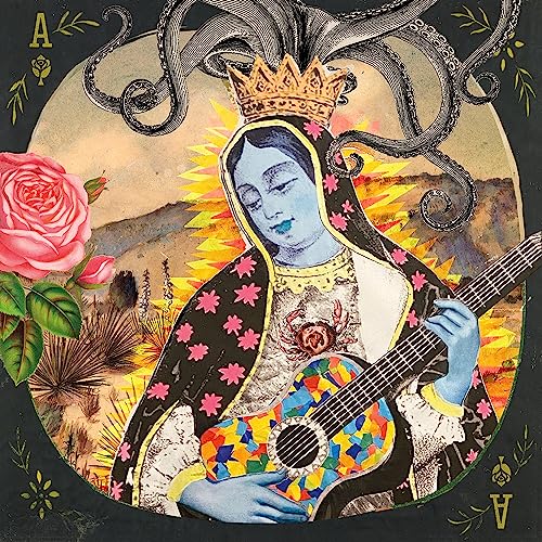 Collage of a crowned woman with a guitar, rose, and landscape.